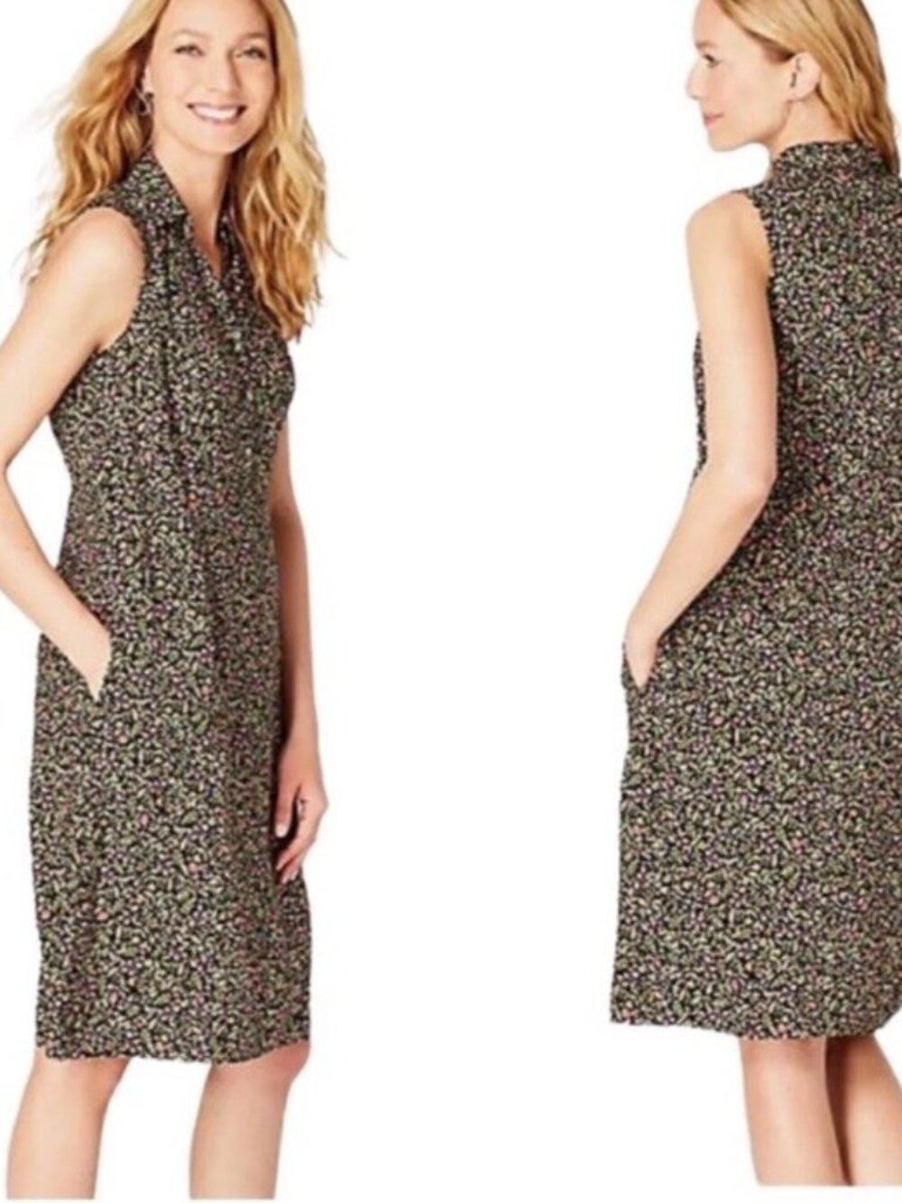 J. Jill PM sleeveless black floral shift dress 1/4 button-up neckline Pockets